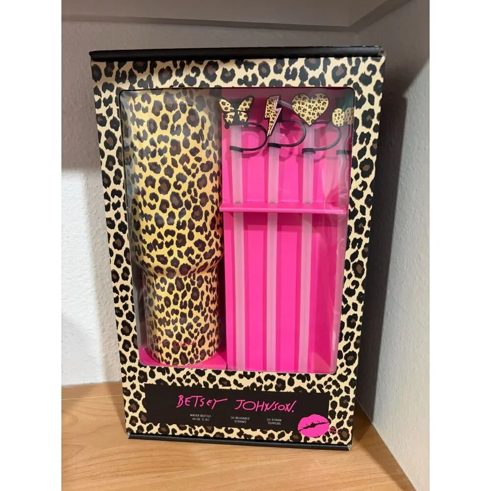 Betsey Johnson Leopard Print Water Bottle with Reusable Straws NIB